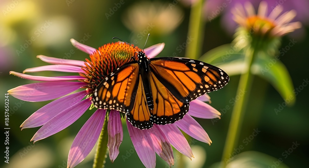 Naklejka premium Orange butterfly rests on a vibrant purple coneflower.