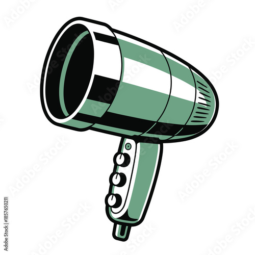 A graphic design of a common household hairdryer with distinct outlines and retro styling