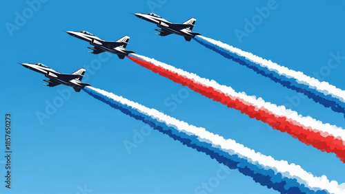 Four fighter jets performing an aerial display leaving trails of red white and blue smoke against a clear blue sky symbolizing patriotism and precision