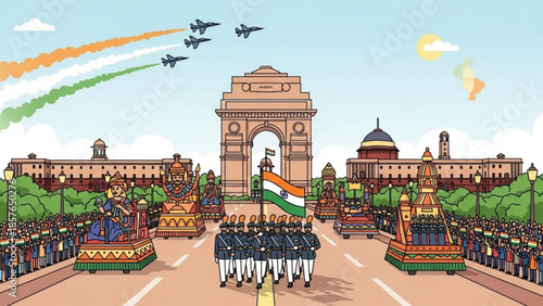 Indian Republic Day parade with floats soldiers and fighter jets flying the national flag colors over India Gate a patriotic celebration