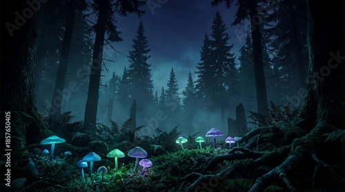 Mystical Dark Forest with Glowing Bioluminescent Mushrooms