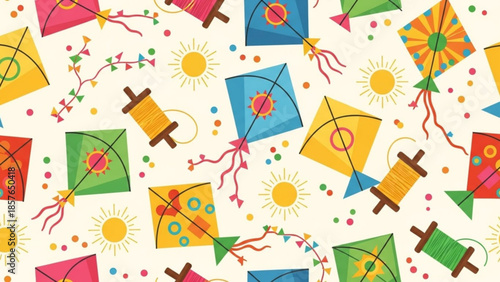 Colorful kite pattern with sun and confetti festive vector illustration for summer celebration and holiday background design