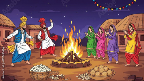 Punjabi community celebrating Lohri festival with bonfire dance and traditional sweets vibrant illustration for cultural events and Indian holidays