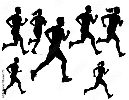 illustration silhouette set people running poses black and white