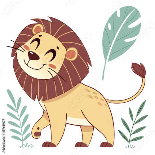 Happy and cute cartoon lion smiling cheerfully among tropical leaves illustration