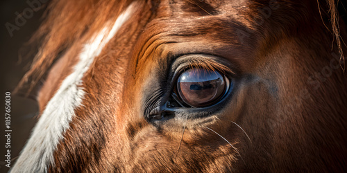 Extreme closeup of a brown horses eye and face with a white blaze, showing detailed fur texture and reflection in the dark eye, horse, horse eye
