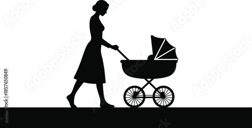 Silhouette of Woman Pushing Baby Stroller in Park