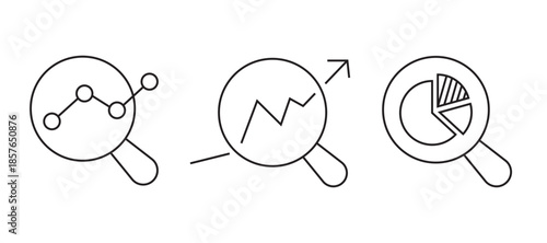 Minimal line analytics icon set with charts, graphs, gears, and data analysis symbols, representing business intelligence, performance tracking, and reporting. analytic icons.