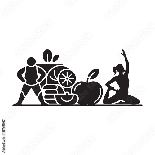 Black Color Balanced Diet and Exercise Obesity Awareness Silhouette Vector Illustration, Solid White Background.