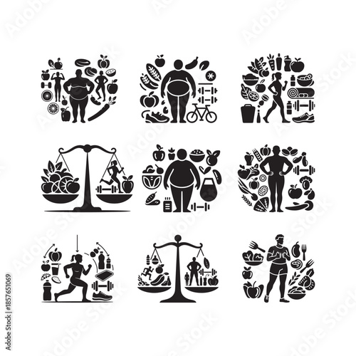 Black Color Balanced Diet and Exercise Obesity Awareness Silhouette Vector Illustration, Solid White Background.