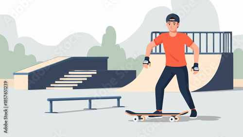 Young man skateboarding at a skatepark with ramps and rails