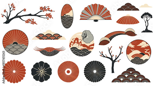 Elegant collection of traditional Japanese graphic design elements featuring floral motifs, hand fans, iconic landscapes, and abstract cultural patterns for decorative projects