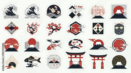 Aesthetic Japanese Culture Vector Icon Collection for Digital Design Projects, featuring Traditional Symbols like Mount Fuji, Cherry Blossoms, Koi Fish, and Elegant Wave Patterns
