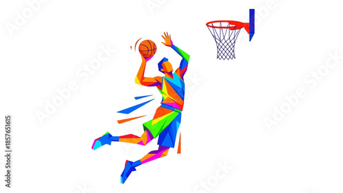 Vibrant Geometric Illustration of a Basketball Player Executing a Dynamic Slam Dunk in Polygonal Style
