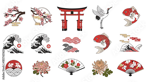 Elegant collection of traditional Japanese cultural symbols and iconic elements, featuring cherry blossoms, torii gates, koi fish, cranes, and ocean waves in a beautiful vector style