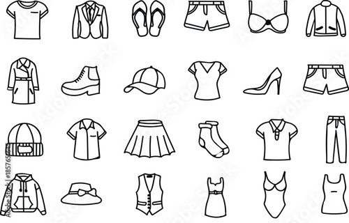 Set of simple outline representing various clothing accessories and footwear for men women and children 