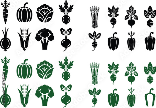 Black and green vegetable icons set carrot pumpkin