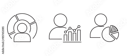 Minimal line analytics icon set with charts, graphs, gears, and data analysis symbols, representing business intelligence, performance tracking, and reporting. analytic icons.