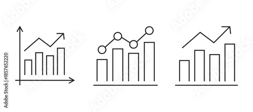 Minimal line analytics icon set with charts, graphs, gears, and data analysis symbols, representing business intelligence, performance tracking, and reporting. analytic icons.