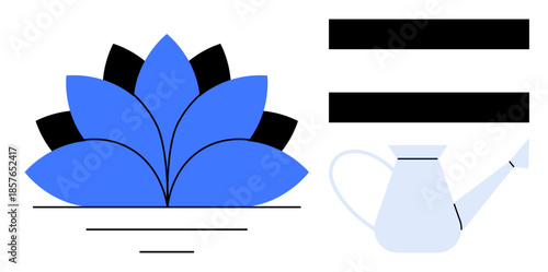 Simplified blue lotus flower, black bars, and a watering can signify balance, nurturing, sustainability. Ideal for gardening, mindfulness, ecology, self-care patience growth balance concepts