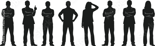 Business people silhouettes standing together, teamwork leadership concept, professional men and women poses, black vector illustration isolated on white