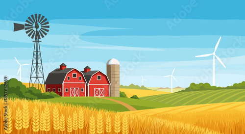 Rural Farm Landscape with Barns Windmill and Fields.