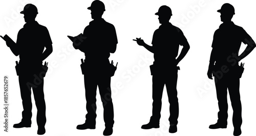 Construction worker silhouette set, builder standing poses, engineer holding clipboard, industrial labor concept, black vector illustration isolated on white background