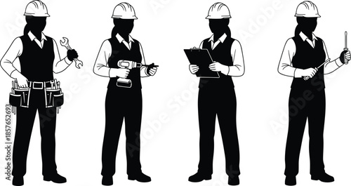 Construction worker silhouettes set with tools, engineer technician poses, industrial safety helmets, black vector illustration isolated on white background