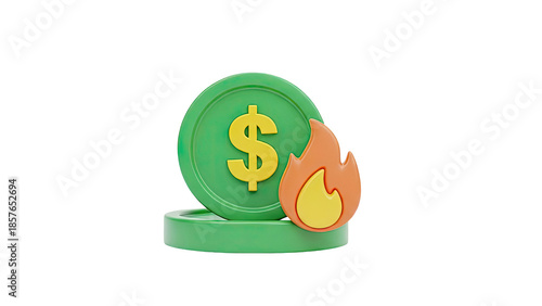 3D Dollar Coin on Fire Icon on transparent background
