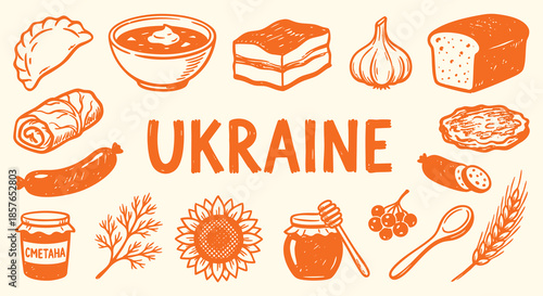 Ukraine Icon Set. Ukrainian Food. A hand drawn vector collection of borsch soup, varenyky dumplings, salo, bread and sunflower for a traditional menu, cultural heritage, and travel design.