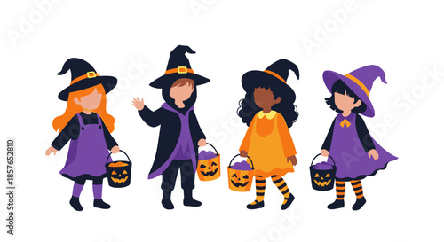 Children in Halloween costumes trick or treating with candy buckets.