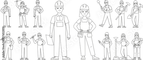 Construction workers illustration set, male female builders in helmets with tools, cartoon line art characters, industrial workforce concept
