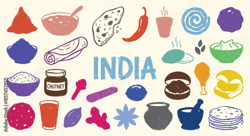India Icon Set. Indian Cuisine. A hand drawn vector collection of samosa, curry, naan, spices, chai tea and traditional snacks for a restaurant menu, travel guide, and cultural brochure.
