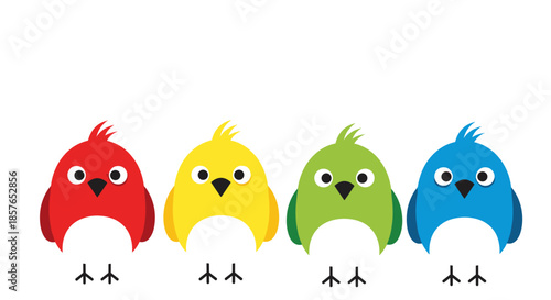 Four Cute Cartoon Birds in Different Colors Standing Together.