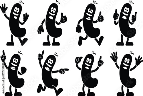 Black cartoon bean characters in various poses black and white