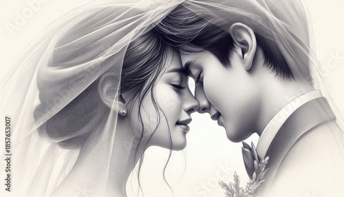 Wallpaper Mural A breathtakingly detailed pencil sketch of a bride and groom in a tender, almost-kissing embrace — veiled in soft light. Exquisite shading captures love’s quiet intensity, elegance,  Torontodigital.ca