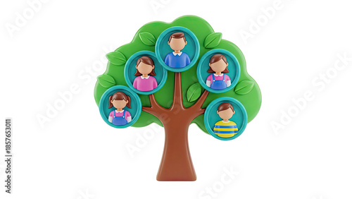 3D Family Tree with 3D Cartoon People Icons on transparent background