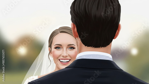 Wallpaper Mural A sweet, illustrated moment: a groom sees his smiling bride for the first time — her joyful laugh glowing as she stands behind him. Soft colors and gentle lines capture pure wedding bliss Torontodigital.ca