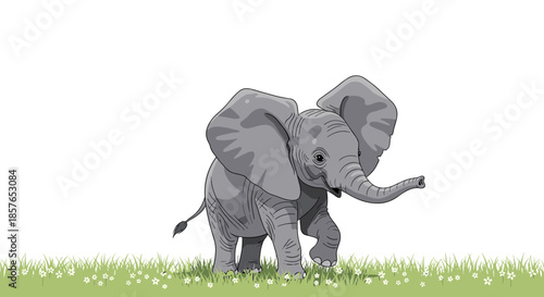 A young elephant walking in a grassy field with flowers.