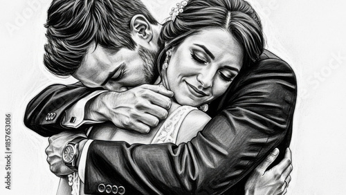 Wallpaper Mural A deeply emotional pencil sketch of a bride and groom in a tender, heartfelt embrace — eyes closed, smiling softly. Masterful shading captures the intimacy, joy, and quiet promise of their love.  Torontodigital.ca