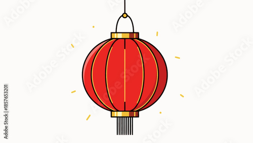 Vibrant red traditional chinese lantern with golden accents hanging from a string on white background with colorful confetti