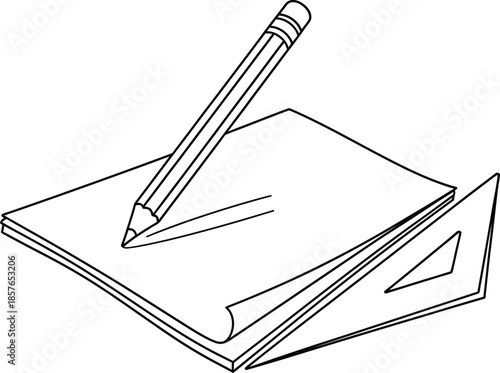 A pencil and ruler lay across a blank paper notebook for business planning and school education drawing on an empty office notepad sheet