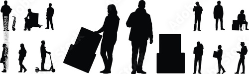 Logistics worker silhouettes set, people carrying boxes and using scooters, delivery warehouse activities, black vector illustration isolated background