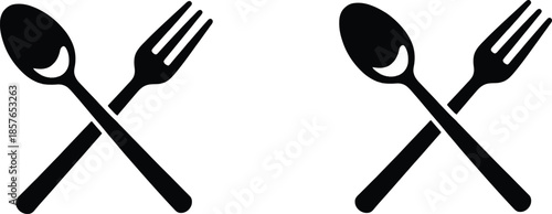 Vector illustration of a fork, knife, and spoon cutlery icon set on a plate for a restaurant menu sign or kitchen dining table meal