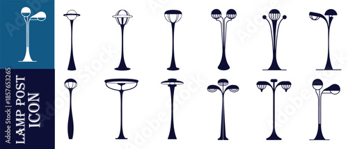 Set of black lamp post icons isolated on white background for various outdoor and garden lighting