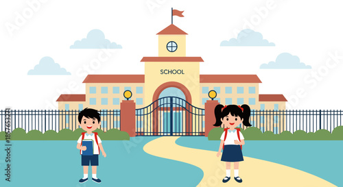 Children with backpacks in front of school building.