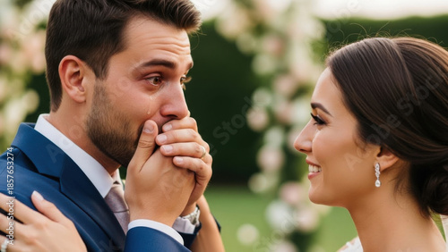 Wallpaper Mural A deeply emotional wedding moment: the groom cries joyful tears as his smiling bride looks on — hands gently clasped. Soft garden light highlights pure love, vulnerability Torontodigital.ca