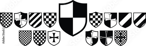 Medieval heraldic shields collection, black and white coat of arms icons, vintage emblem vector illustration isolated on white background