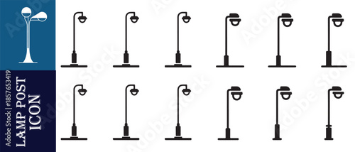 Set of various modern black street lamps and lampposts with curved simple designs isolated on white