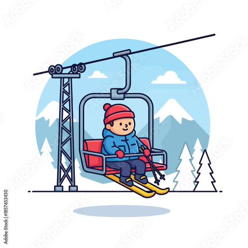 A cute illustration vector depicts a cheerful skier riding a blue chairlift over snowy mountains.